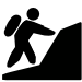Wandern - schwarzes Bergtouren Piktogramm. Ein Männchen mit Rucksack auf einem Berg beim Bergsteigen