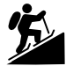 schwarzes Bergtouren Piktogramm. Männchen auf einem Berg bei einer Skitour mit Bergrucksack, Skistöcker und Ski.
